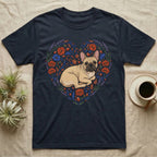French bulldog in floral heart design on dark t-shirt.