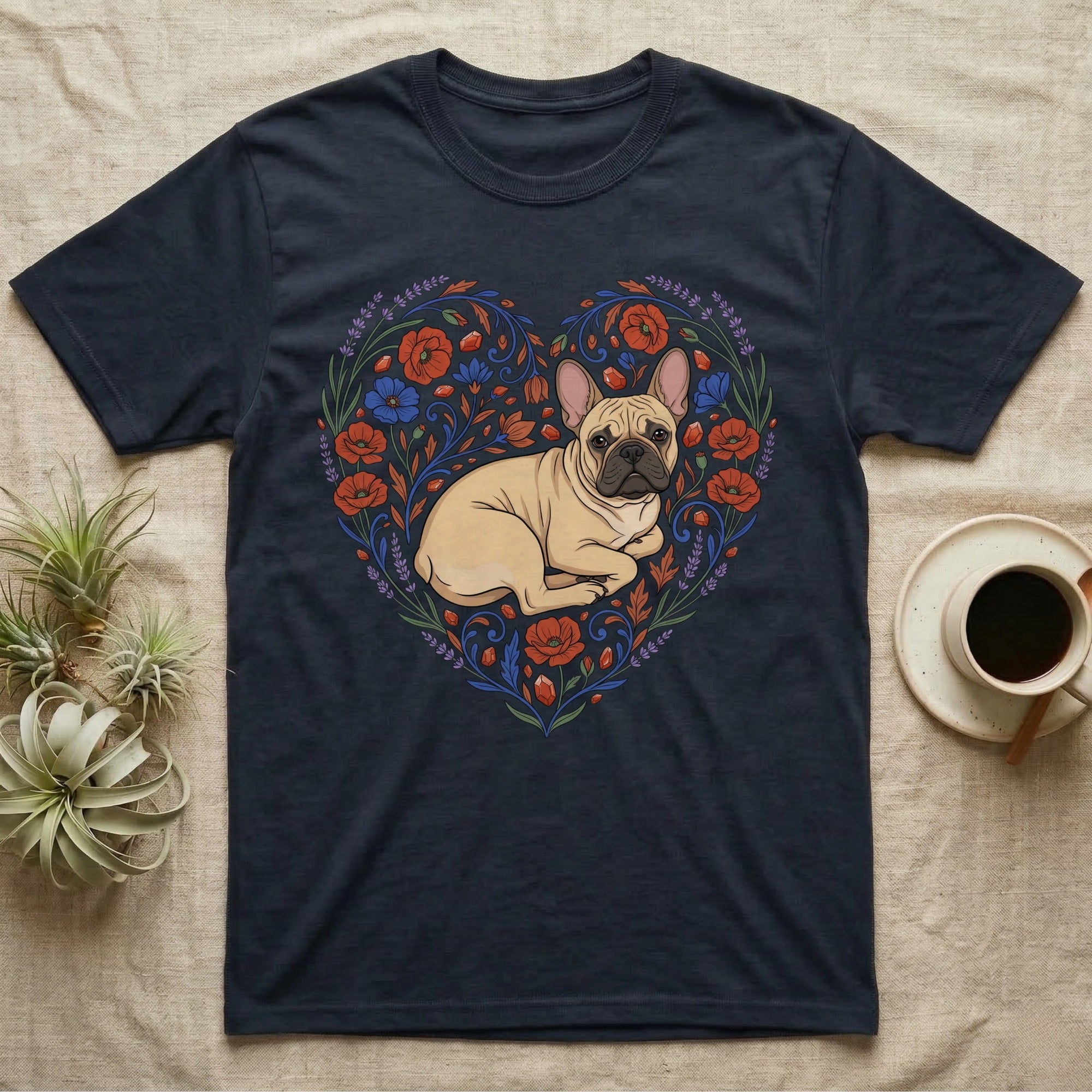 French bulldog in floral heart design on dark t-shirt.