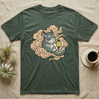 Green t-shirt with a chinchilla holding a lantern among clouds.