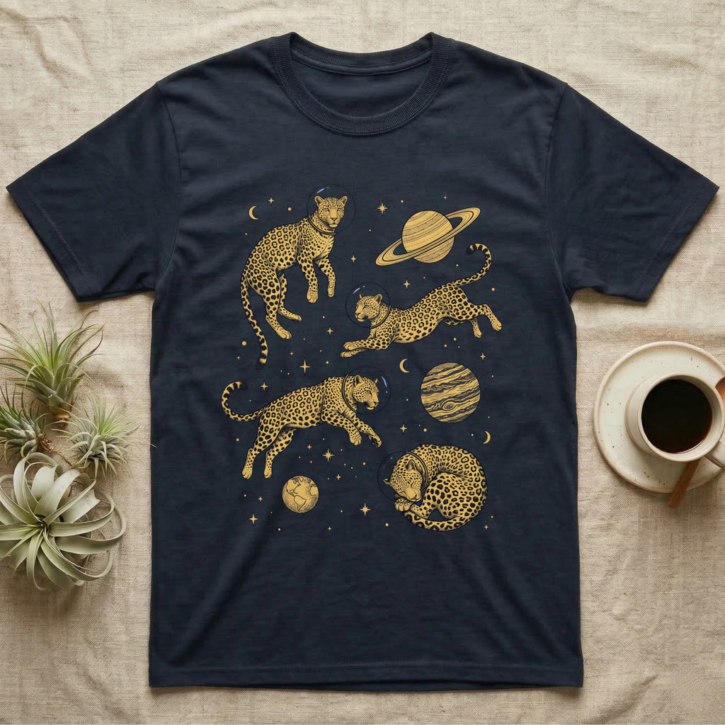 T-shirt with four golden cheetahs in space among planets and stars.