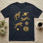 T-shirt with four golden cheetahs in space among planets and stars.