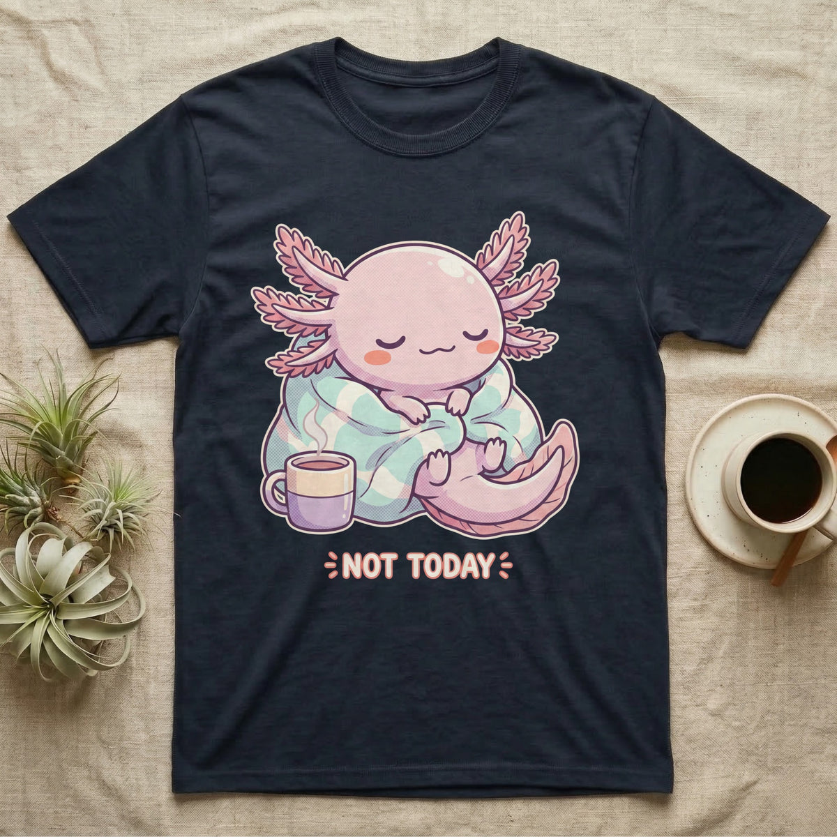 Axolotl Not Today T-Shirt in Navy — Kawaii chibi illustration of an axolotl curled in a blanket with a mug and a soft caption reading Not Today.