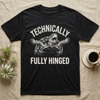 Box Turtle Hinged T-Shirt in Black — White-line engraving of a yelling eastern box turtle with front legs raised between the words TECHNICALLY and FULLY HINGED