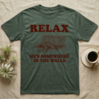 Corn Snake Walls T-Shirt in Military Green — Engraved corn snake looking out of an open floor vent, with the words Relax, He's Somewhere in the Walls