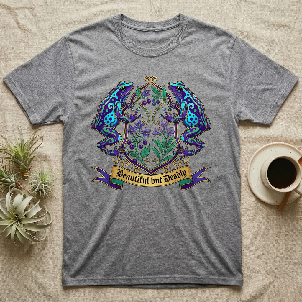 Grey t-shirt with a colorful frog and floral crest reading "Beautiful But Deadly".