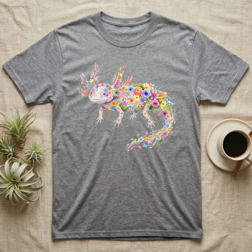Axolotl Watercolour Mosaic T-Shirt in Sport Grey — Watercolour mosaic axolotl made of painted flowers and leaf blades, gill plumes fanned, petals trailing from its tail