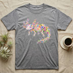 Axolotl Watercolour Mosaic T-Shirt in Sport Grey — Watercolour mosaic axolotl made of painted flowers and leaf blades, gill plumes fanned, petals trailing from its tail