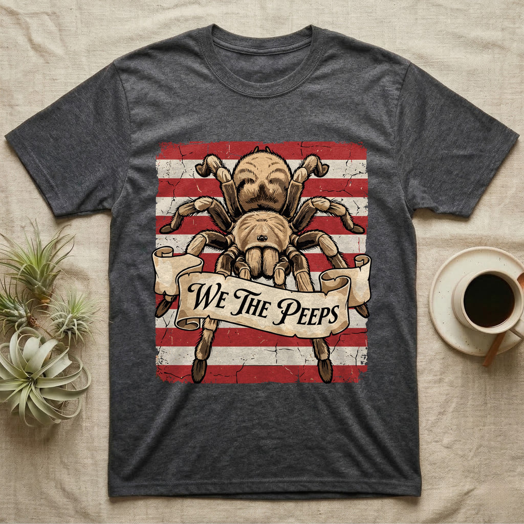 Tarantula We The Peeps T-Shirt in Dark Heather — Detailed tarantula over a distressed striped flag holding a banner scroll reading We The Peeps.