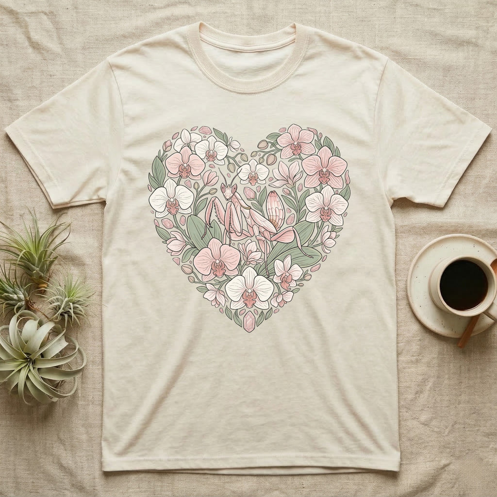 T-shirt with heart-shaped floral design featuring a praying mantis.