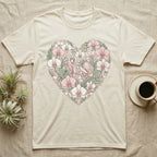 T-shirt with heart-shaped floral design featuring a praying mantis.