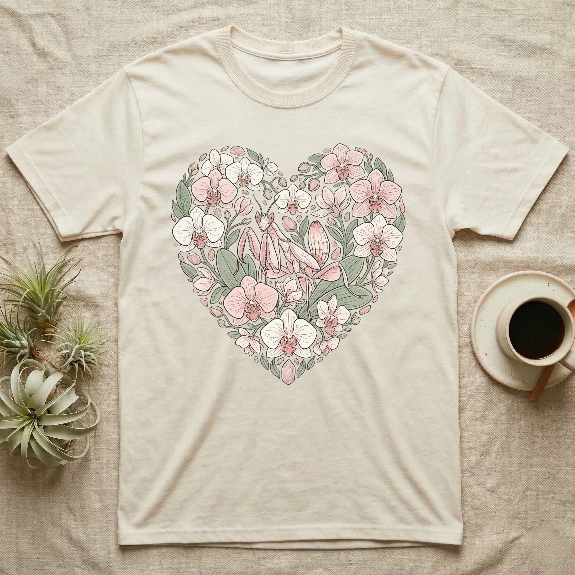 T-shirt with heart-shaped floral design featuring a praying mantis.