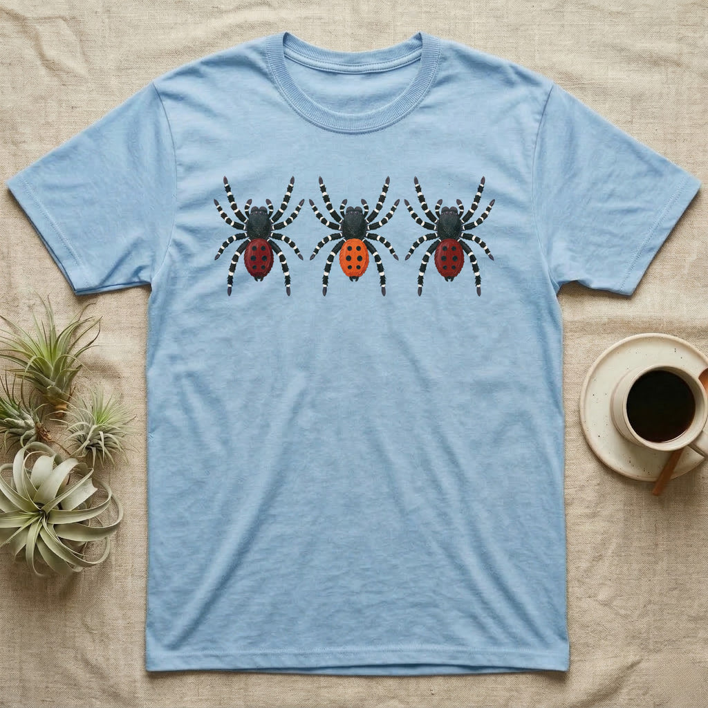 Velvet Spider Triptych T-Shirt in Light Blue — Three velvet spiders in a row, painted in thick impasto, each with a differently coloured red-and-black abdomen.