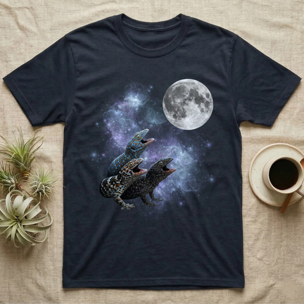 Tokay Gecko Moon Howl T-Shirt in Navy — Three Tokay Gecko colour morphs howling at a full moon over a nebula on a dark grey t-shirt.
