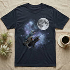Tokay Gecko Moon Howl T-Shirt in Navy — Three Tokay Gecko colour morphs howling at a full moon over a nebula on a dark grey t-shirt.