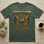 Emperor Scorpion Enclosure Tee in Military Green — Bold gold and maroon halftone tee of an emperor scorpion with raised pincers, lettering reading AMERICA'S 250TH Don't Touch My Enclosure on black.