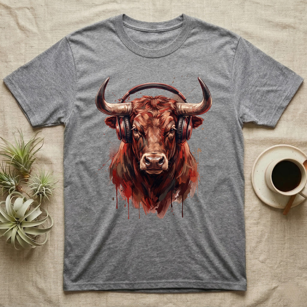 T-shirt with artistic bull wearing headphones.