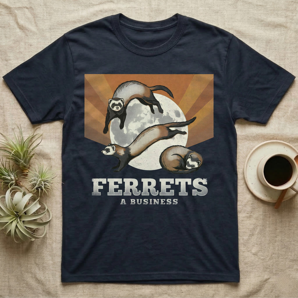 Three Ferret Moon Tee in Navy — Retro-illustration of three ferrets in war-dance, stretch, and sleeping-coil poses around a stratified halftone full moon.