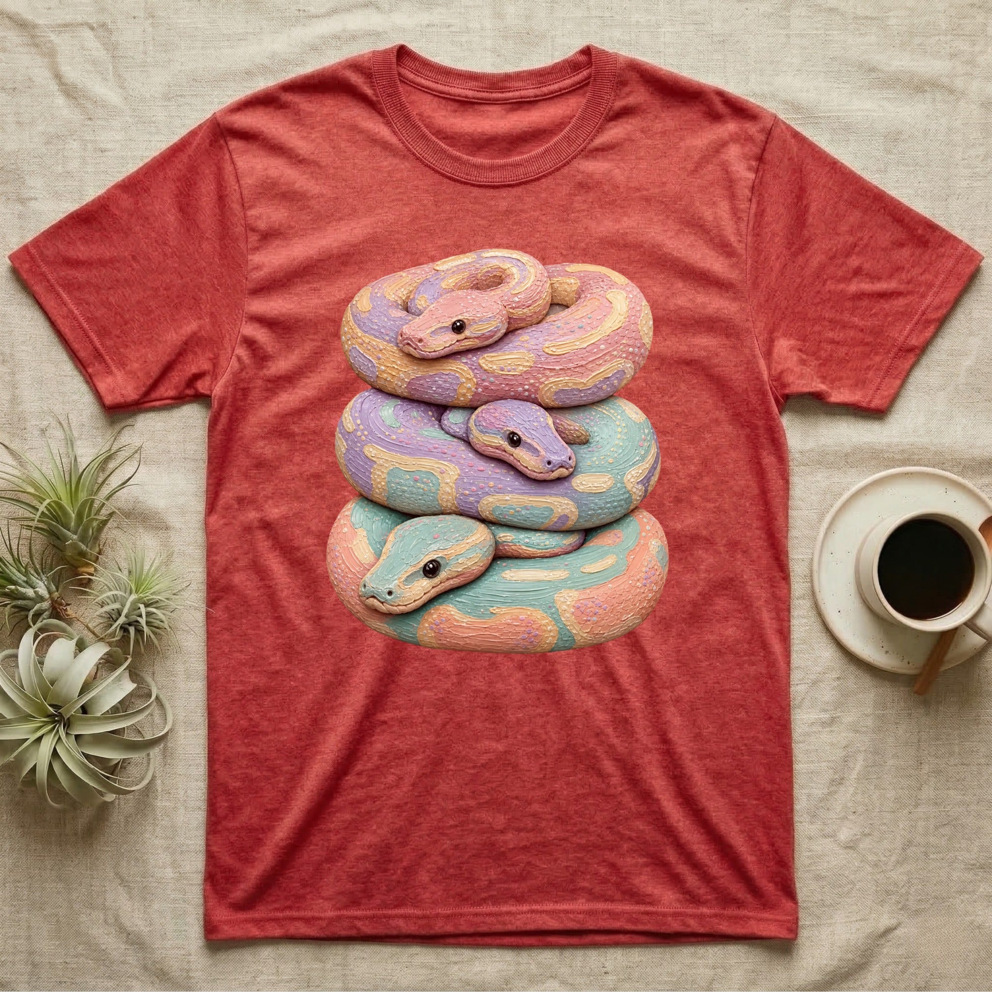 Stack of colorful snakes illustration on a red marled t-shirt.