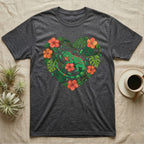 Dark grey t-shirt with green iguana and heart-shaped floral design.