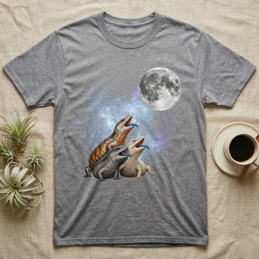Blue-Tongued Skink Moon Howl T-Shirt in Sport Grey — Three Blue-Tongued Skink colour morphs howling at a full moon over a nebula on a dark grey t-shirt.