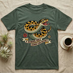 Hognose Hunger Flash T-Shirt in Military Green — American-traditional tattoo-flash illustration of a hognose snake in a heroic coil with a banner reading the feeding-hunger line.