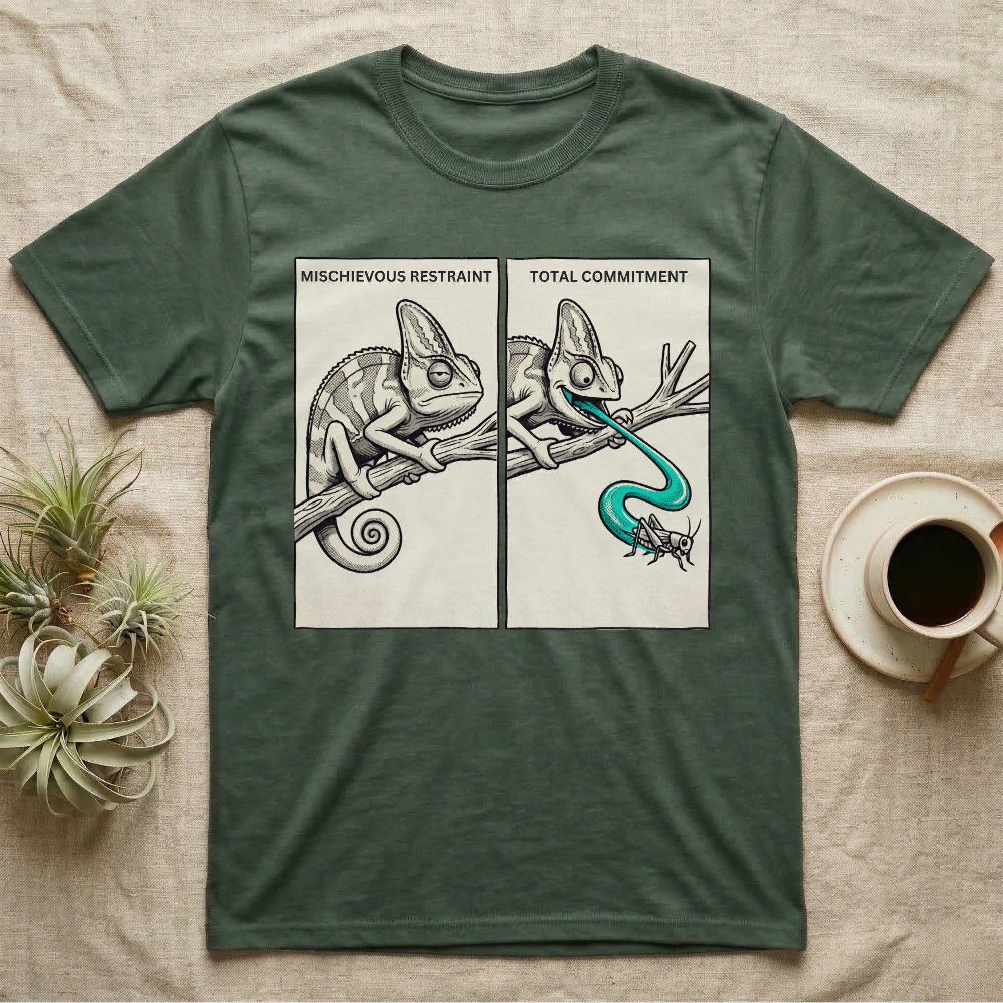 Veiled Chameleon Diet T-Shirt in Military Green — Two-panel vector illustration of a veiled chameleon, calm on the left and tongue mid-strike on the right.