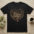 Black t-shirt with a heart-shaped snake and nature design.