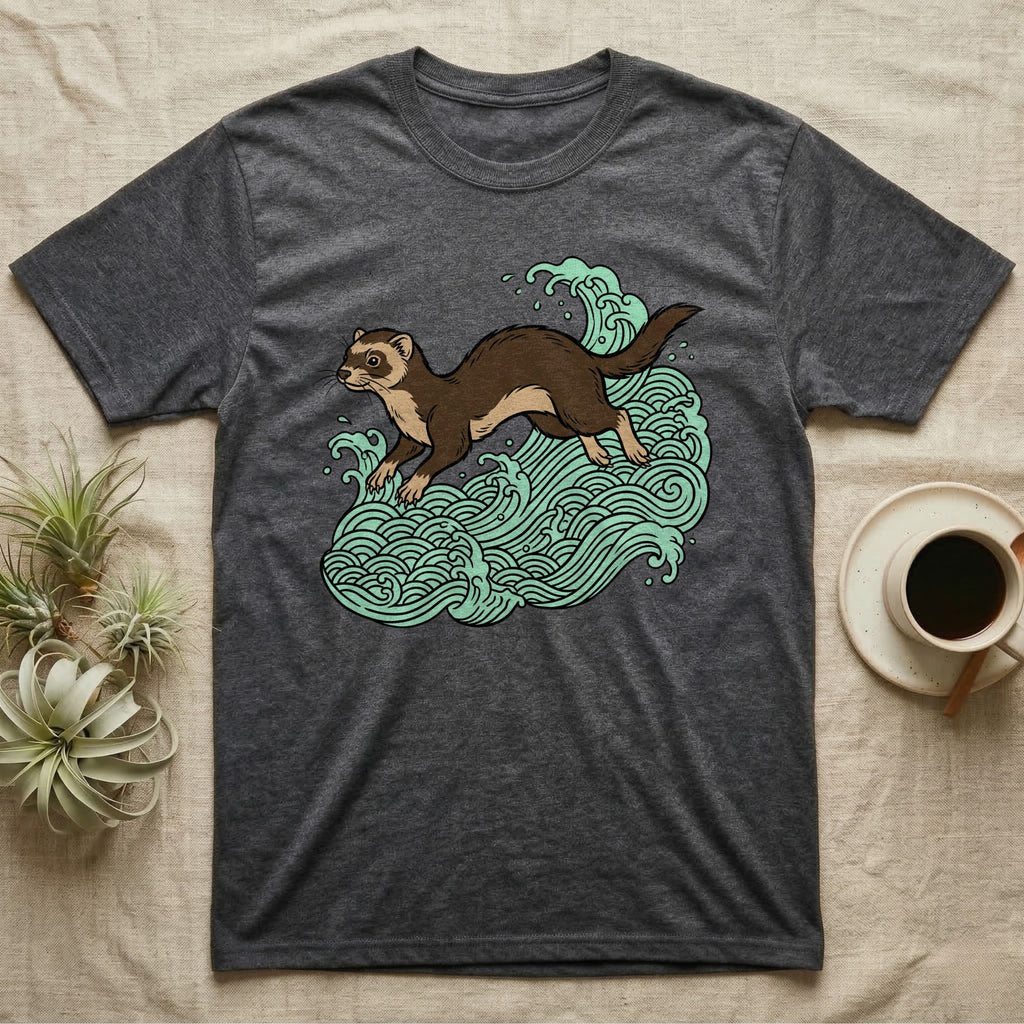Dark gray t-shirt with a ferret illustration on mint green waves.