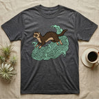 Dark gray t-shirt with a ferret illustration on mint green waves.