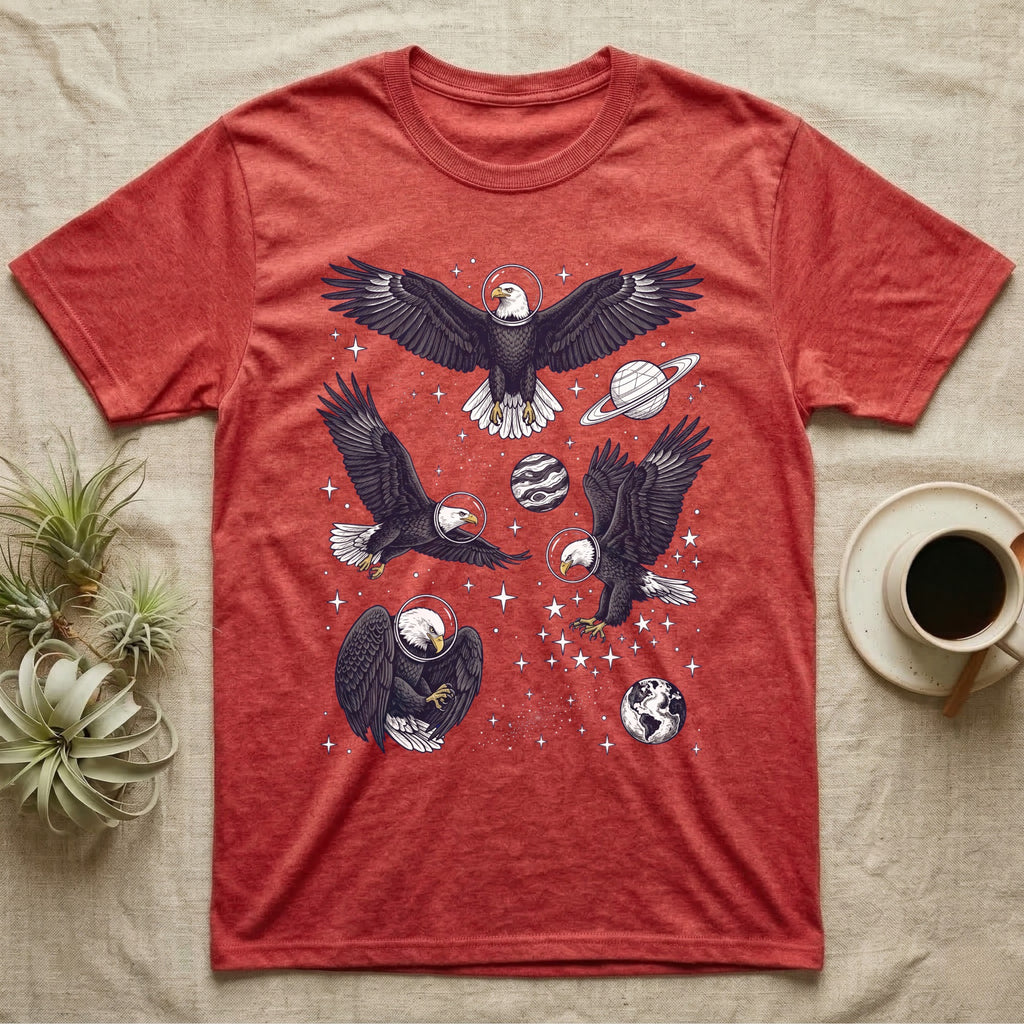 T-shirt with four eagles in space, planets, and stars.