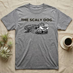 Gray t-shirt with "The Scaly Dog" text and a black and white lizard graphic.
