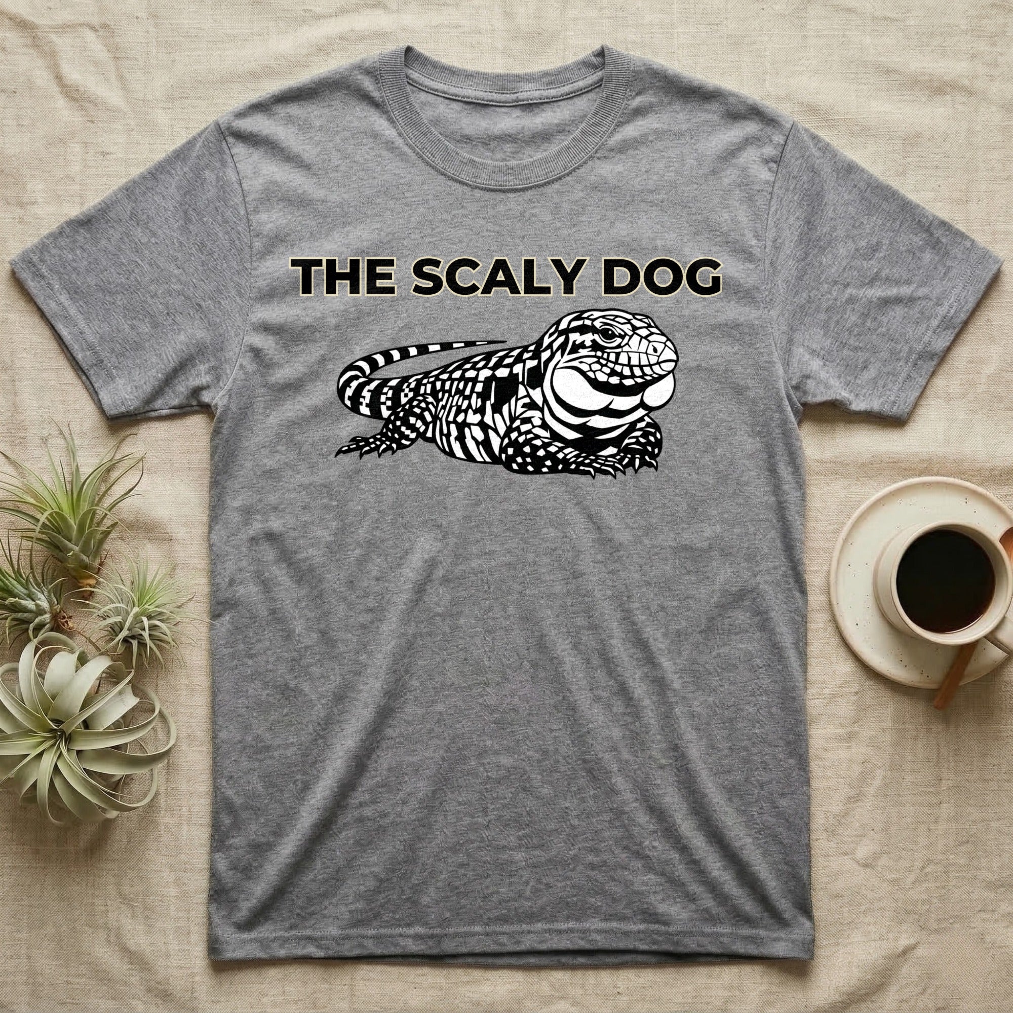 Gray t-shirt with "The Scaly Dog" text and a black and white lizard graphic.