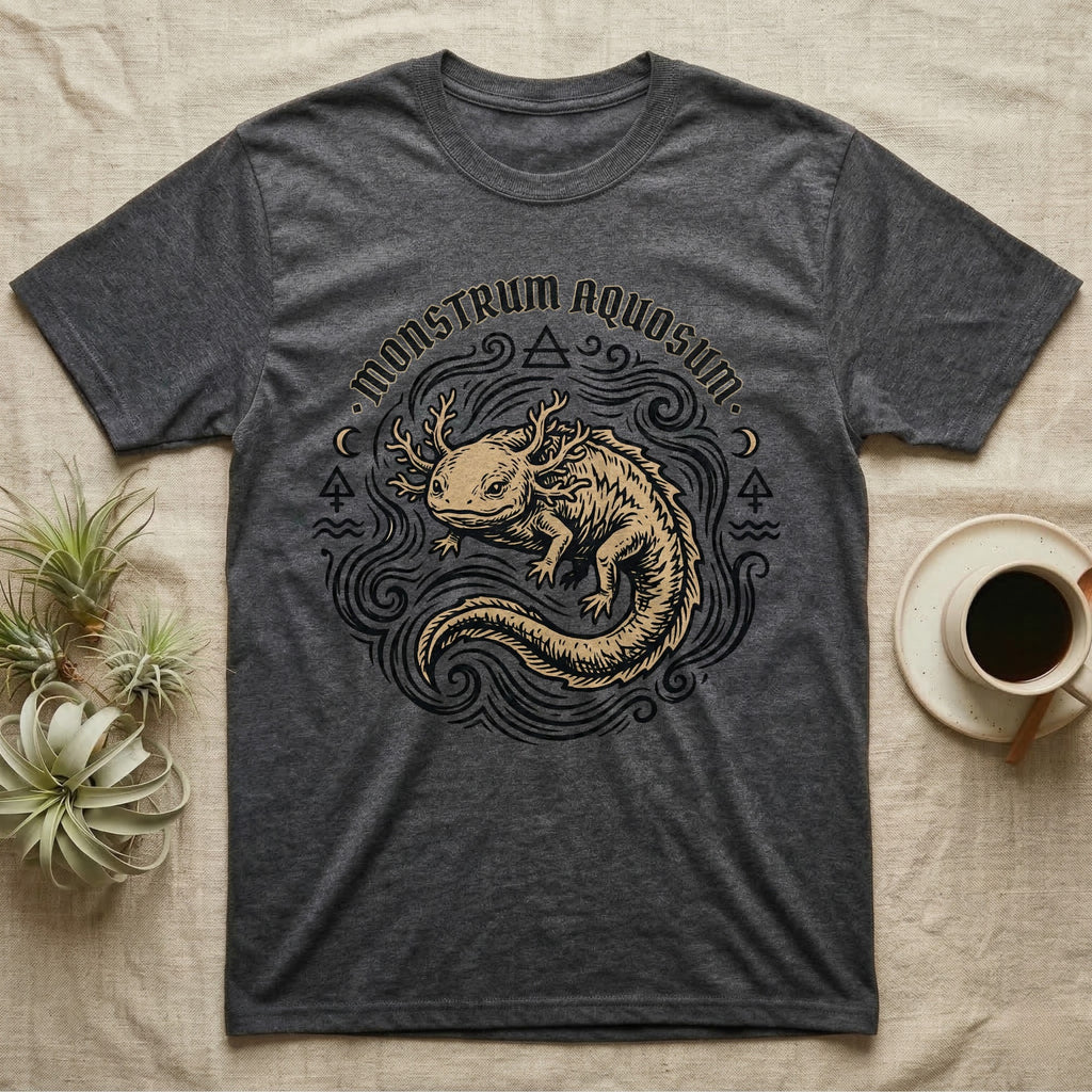 Dark gray t-shirt with golden axolotl illustration and "Monstrum Aquosum" text.