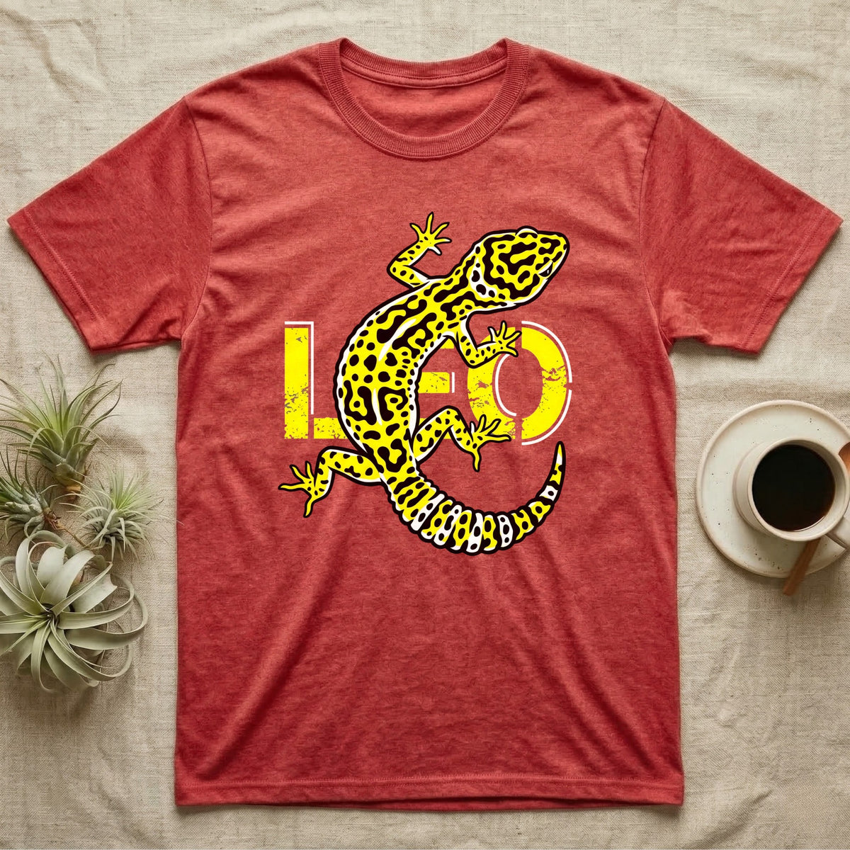 Red t-shirt with yellow leopard gecko and "LEO" text design.