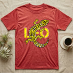 Red t-shirt with yellow leopard gecko and "LEO" text design.
