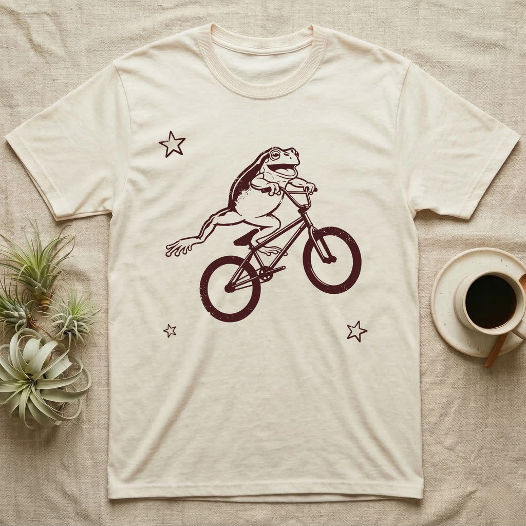 Tree Frog Can-Can T-Shirt in Natural — Distressed one-ink oxblood screenprint of a White's tree frog airborne on a BMX bike, both back legs kicked off the pedals and swung to one side, hands still on the bars.