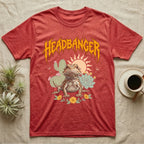 Central Bearded Dragon Feral T-Shirt in Heather Red — Baby bearded dragon in a pastel desert scene under a spiky amber metal wordmark reading HEADBANGER.