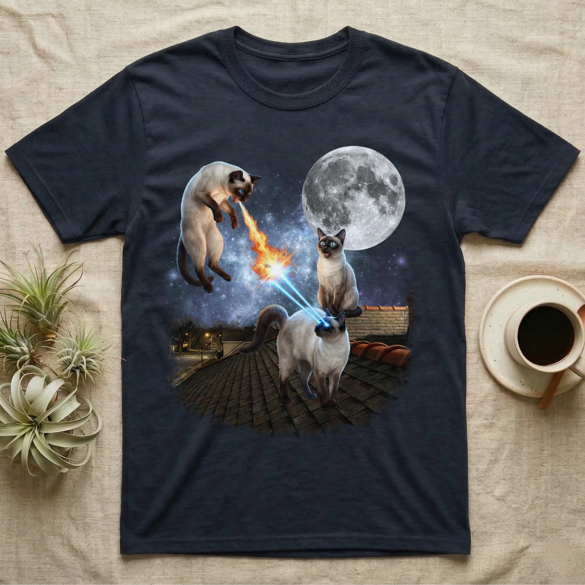 Siamese cats with laser eyes on a rooftop with a full moon and fiery breath.