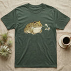 Pacman Frog Blossom T-Shirt in Military Green — Watercolor illustration of an olive-tan Pacman frog holding a water-lily blossom sprig, on a dark grey t-shirt.