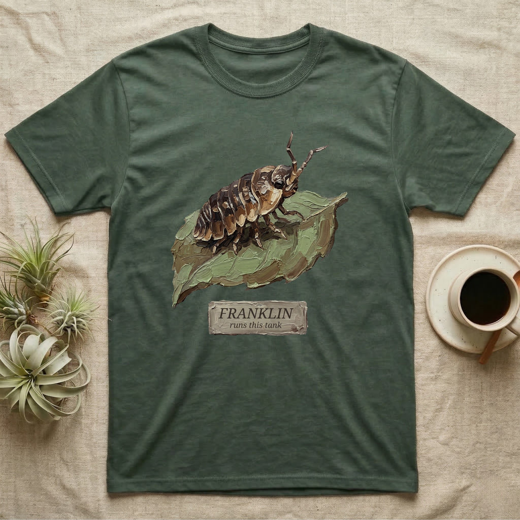 Franklin Isopod Tank T-Shirt in Military Green — Impasto oil-painting portrait of an isopod on a leaf with an engraved Franklin name-plate beneath the subject.