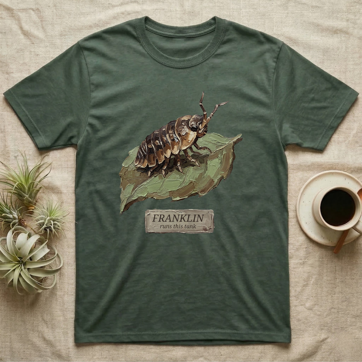 Franklin Isopod Tank T-Shirt in Military Green — Impasto oil-painting portrait of an isopod on a leaf with an engraved Franklin name-plate beneath the subject.