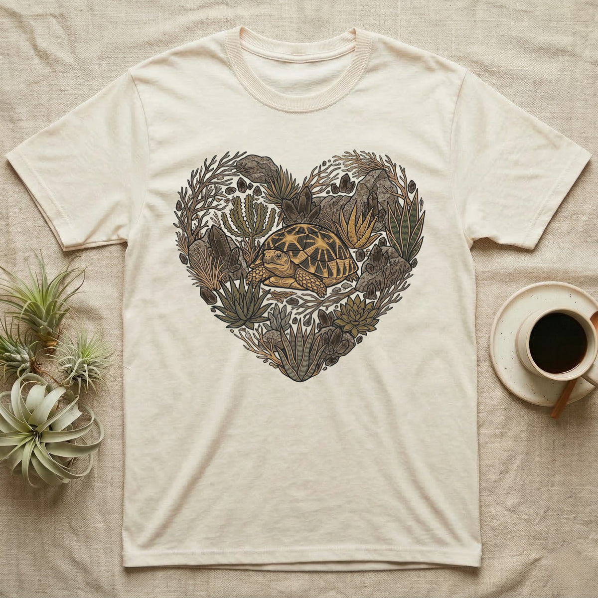 T-shirt with heart-shaped botanical art featuring a tortoise.
