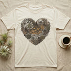 T-shirt with heart-shaped botanical art featuring a tortoise.