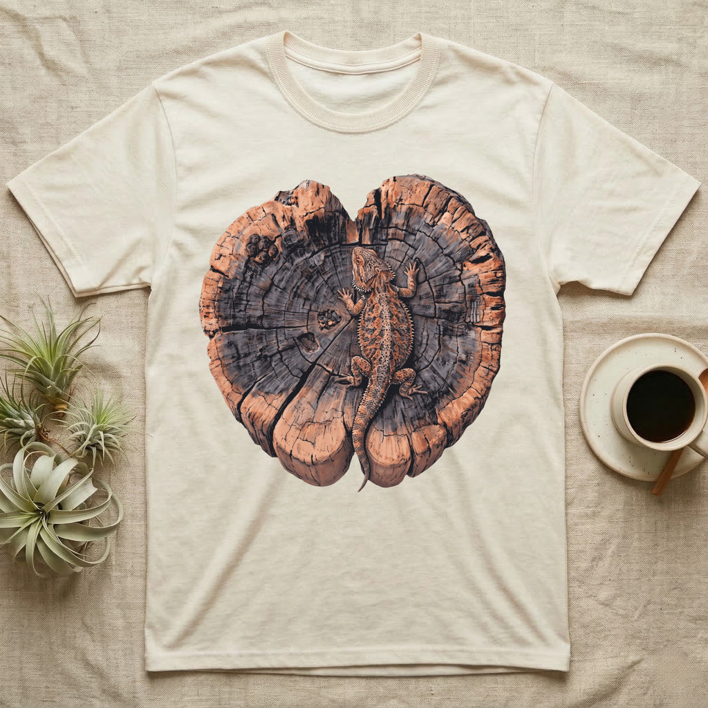 Bearded Dragon Basking Rings T-Shirt in Natural — Top-down illustration of a bearded dragon splayed flat on a cross-section log slab of terracotta growth rings with bracket fungus, no on-shirt text.