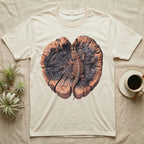 Bearded Dragon Basking Rings T-Shirt in Natural — Top-down illustration of a bearded dragon splayed flat on a cross-section log slab of terracotta growth rings with bracket fungus, no on-shirt text.