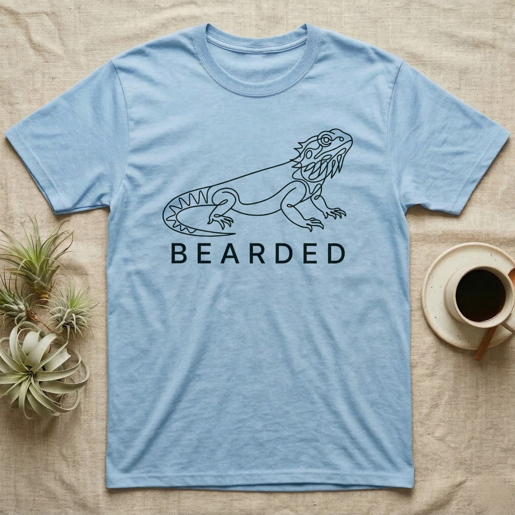 Light blue t-shirt with black bearded dragon graphic and "BEARDED" text.