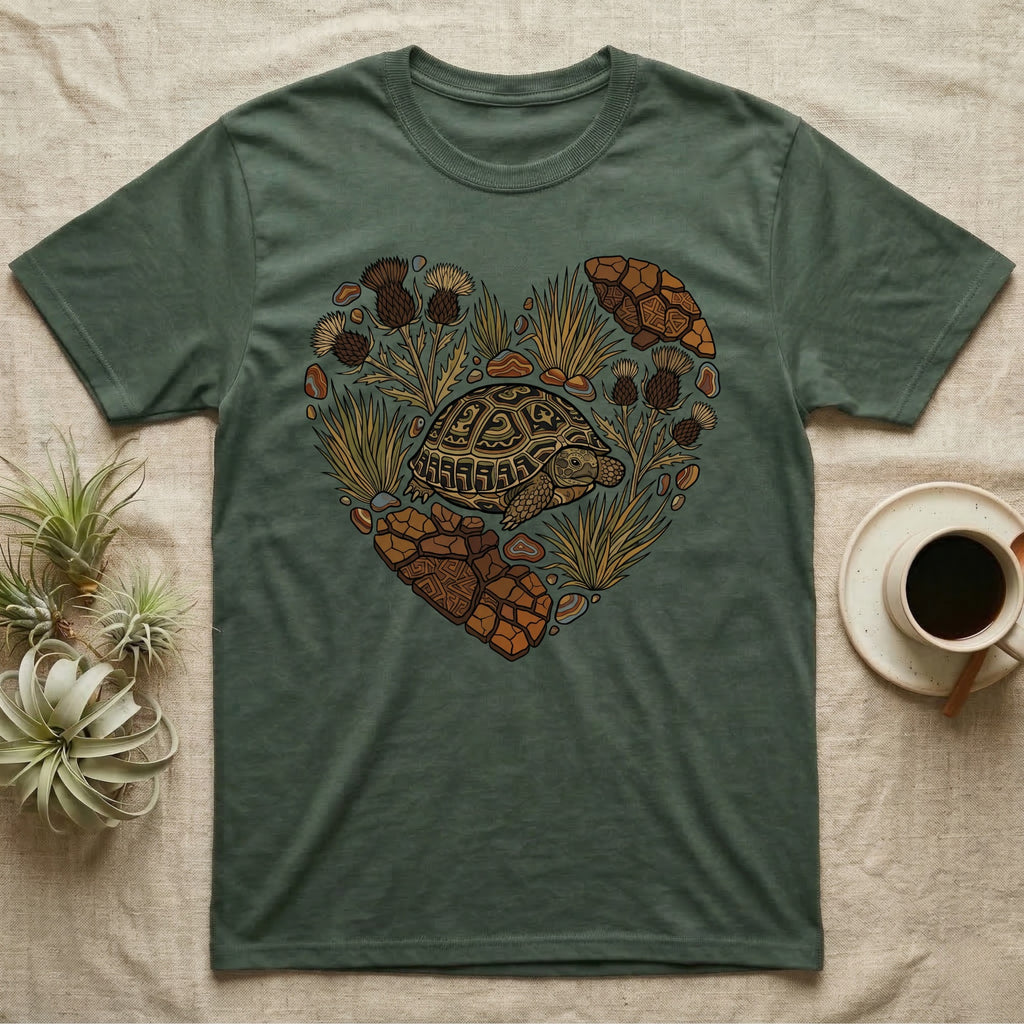 Green t-shirt with heart-shaped tortoise and desert plant graphic.