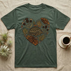 Green t-shirt with heart-shaped tortoise and desert plant graphic.