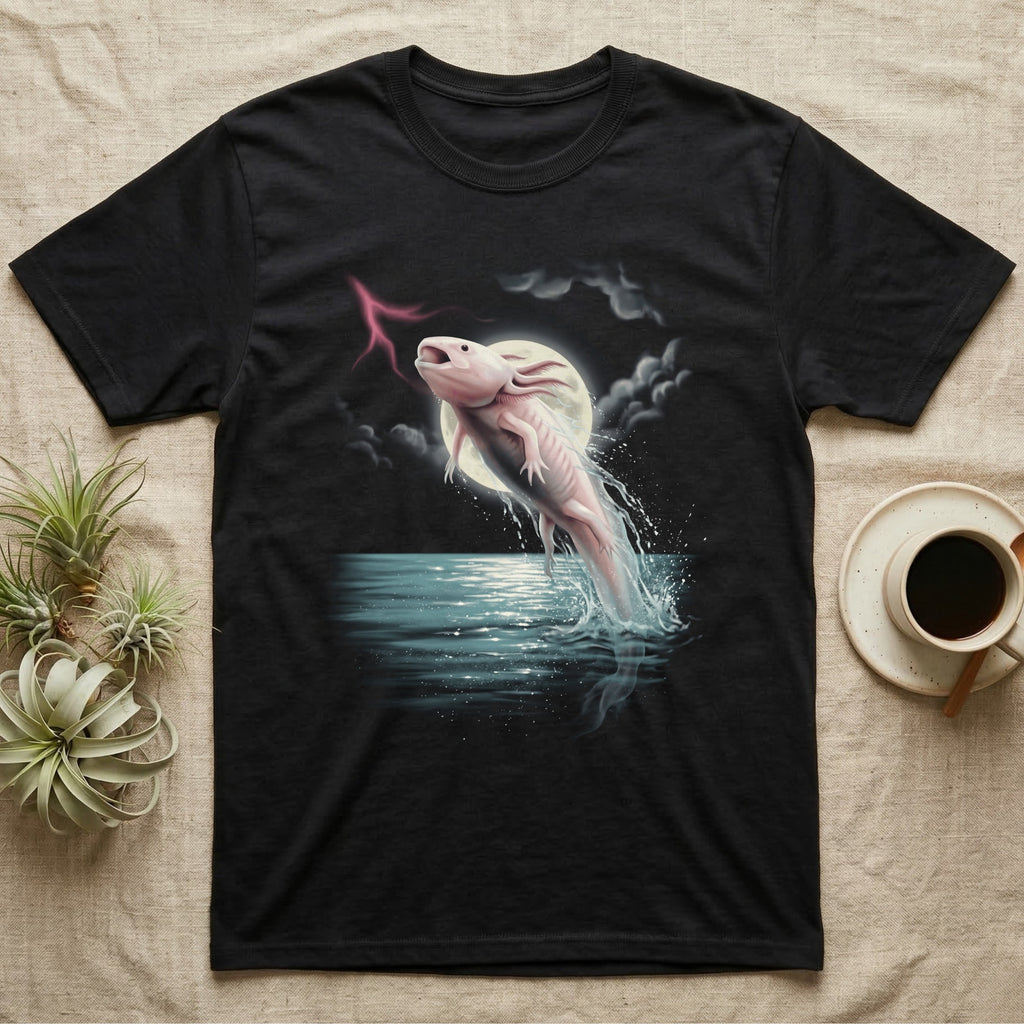 Axolotl Moonlit Surface T-Shirt in Black — Airbrushed axolotl darting up through moonlit water to gulp air, gills swept back, the full moon eclipsed behind its body.