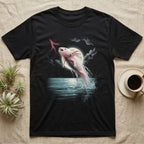 Axolotl Moonlit Surface T-Shirt in Black — Airbrushed axolotl darting up through moonlit water to gulp air, gills swept back, the full moon eclipsed behind its body.
